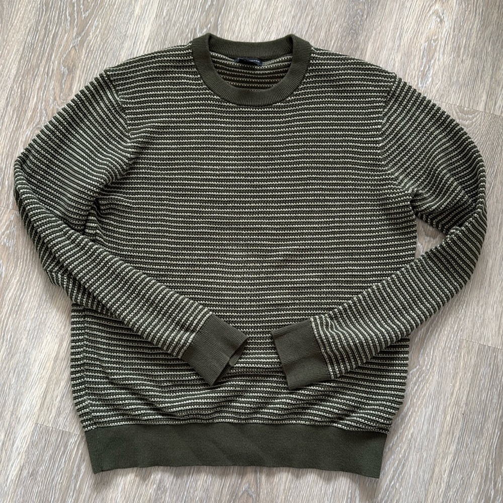 Club Monaco Olive Green Striped Cotton Open Knit Weave Crewneck Sweater